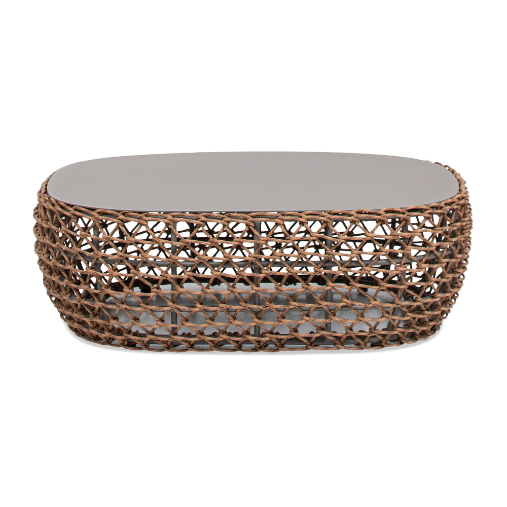 Willow 40.5" Oval Woven Patio Coffee Table, Golden Brown Wicker Frame, Wheat Beige