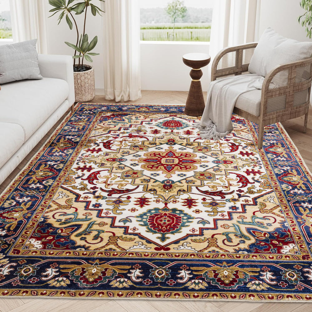 Area Rug 5x7 Vintage Bohemia Large Persian Non-slip Washable Rug For Living Room Kitchen Bedroom Living Room Flower Design Blue/Gold