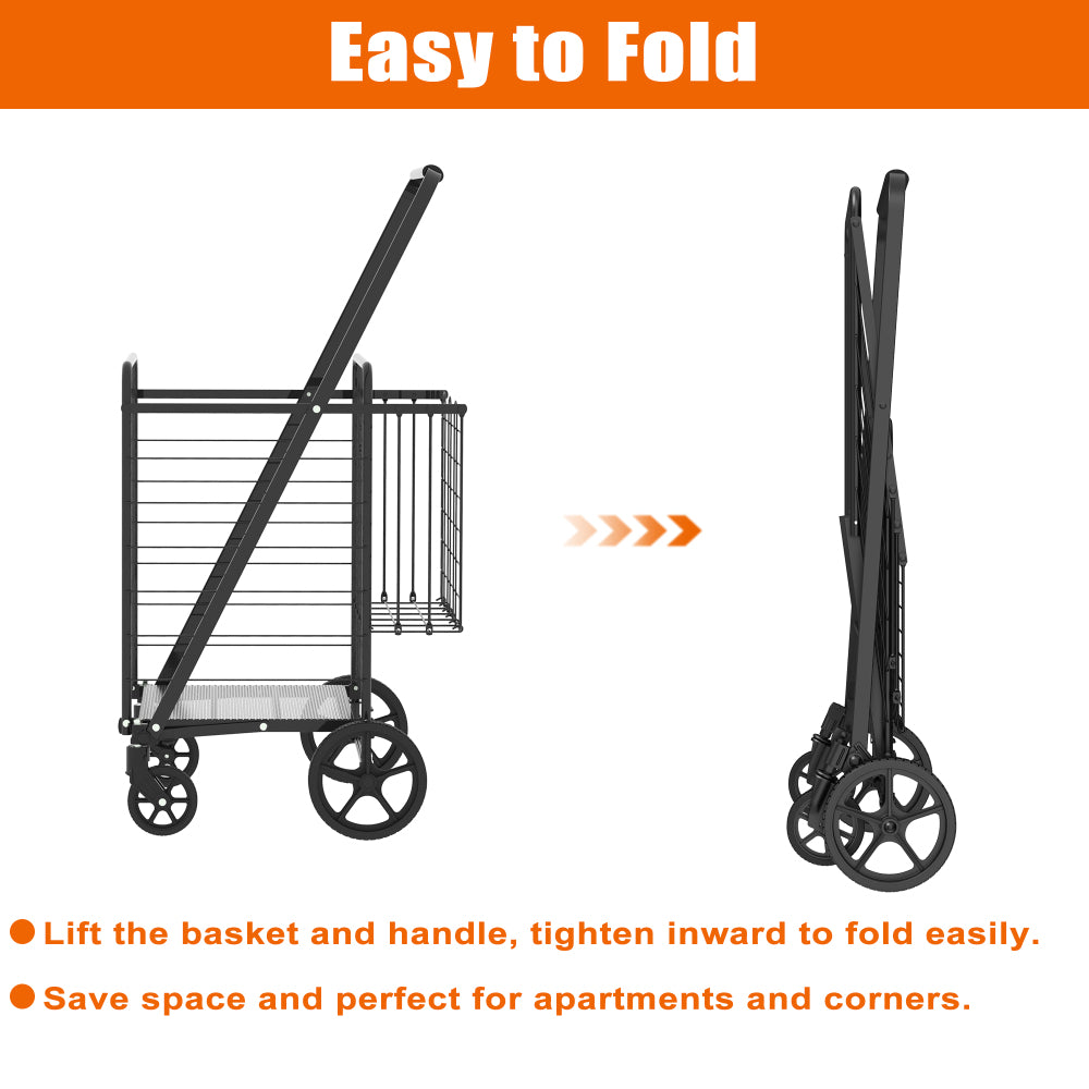 Extra Large Shopping Cart,Grocery Cart on Wheels, Foldable Utility Shopping Carts with Double Basket and 360° Rolling Swivel Wheels for Groceries Laundry