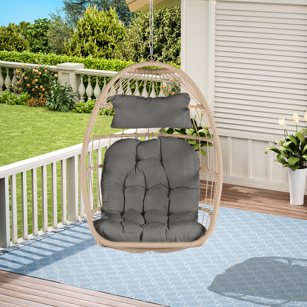 Outdoor Garden Rattan Egg Swing Chair Hanging Chair Wood+Khaki