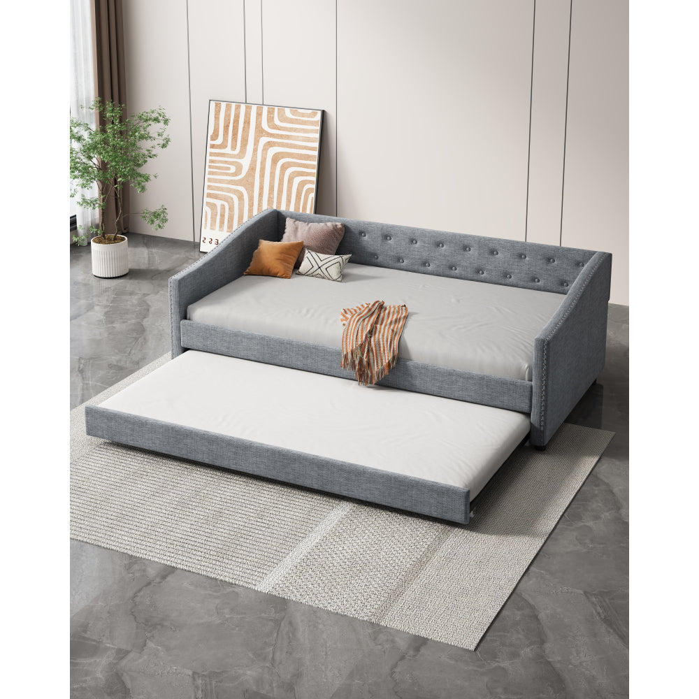 Twin Size Daybed with Drawers Upholstered Tufted Sofa Bed, with Button on Back and Piping on Waved Shape Arms-Light Grey