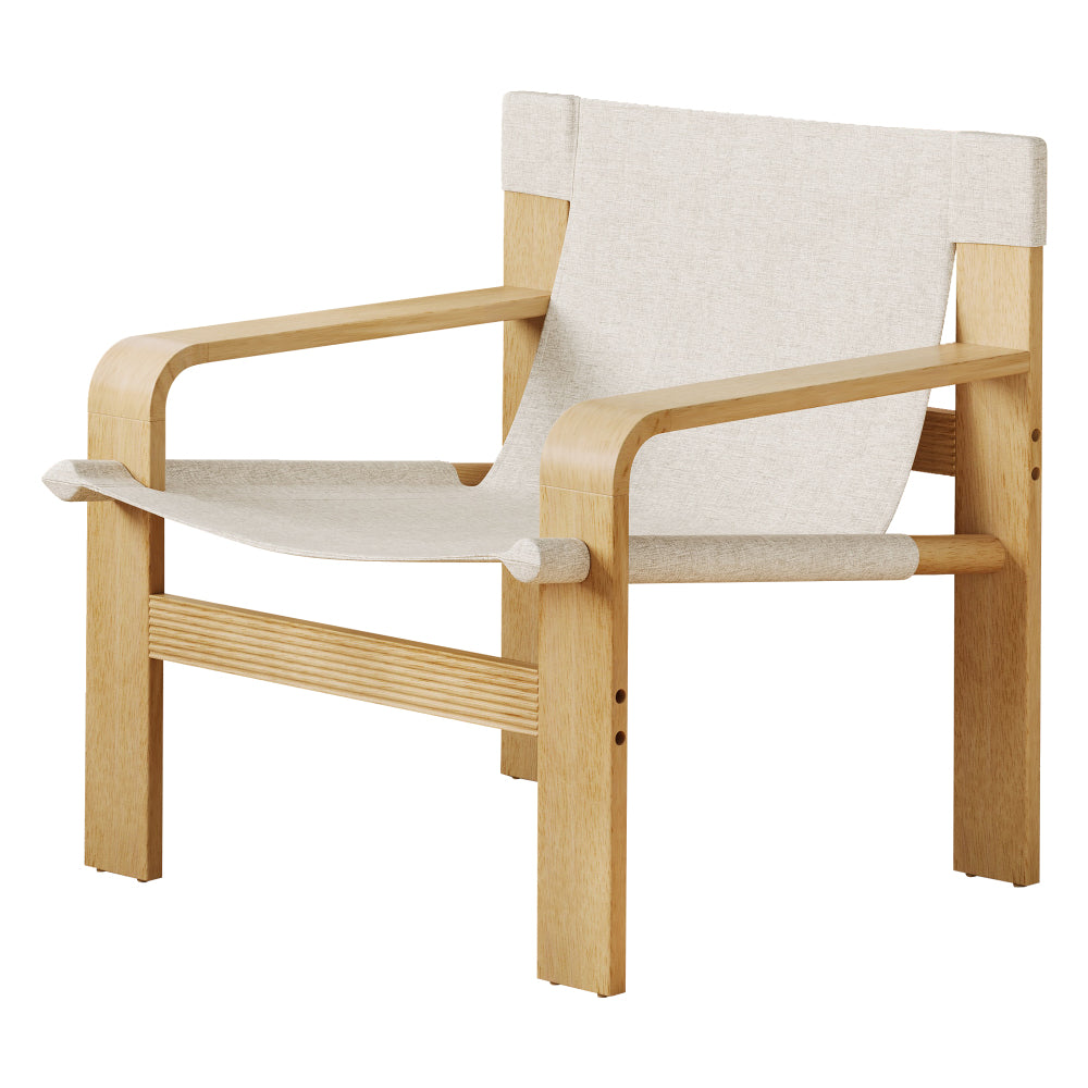 Detachable and washable Oak Accent Chair Wide Armrest Mid-Century Lounge Chair Linen Fabric Armchair & Solid Wood Frame for Living Room, Bedroom, Balcony, (White)