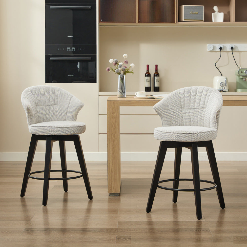 008-Wing Back Swivel Bar Stools Set of 2 - 25" Counter Height Adjustable Stools with Solid Wood Legs & Chenille Upholstery, Leveling Feet for Kitchen Island, Home Pub or Dining Room, White