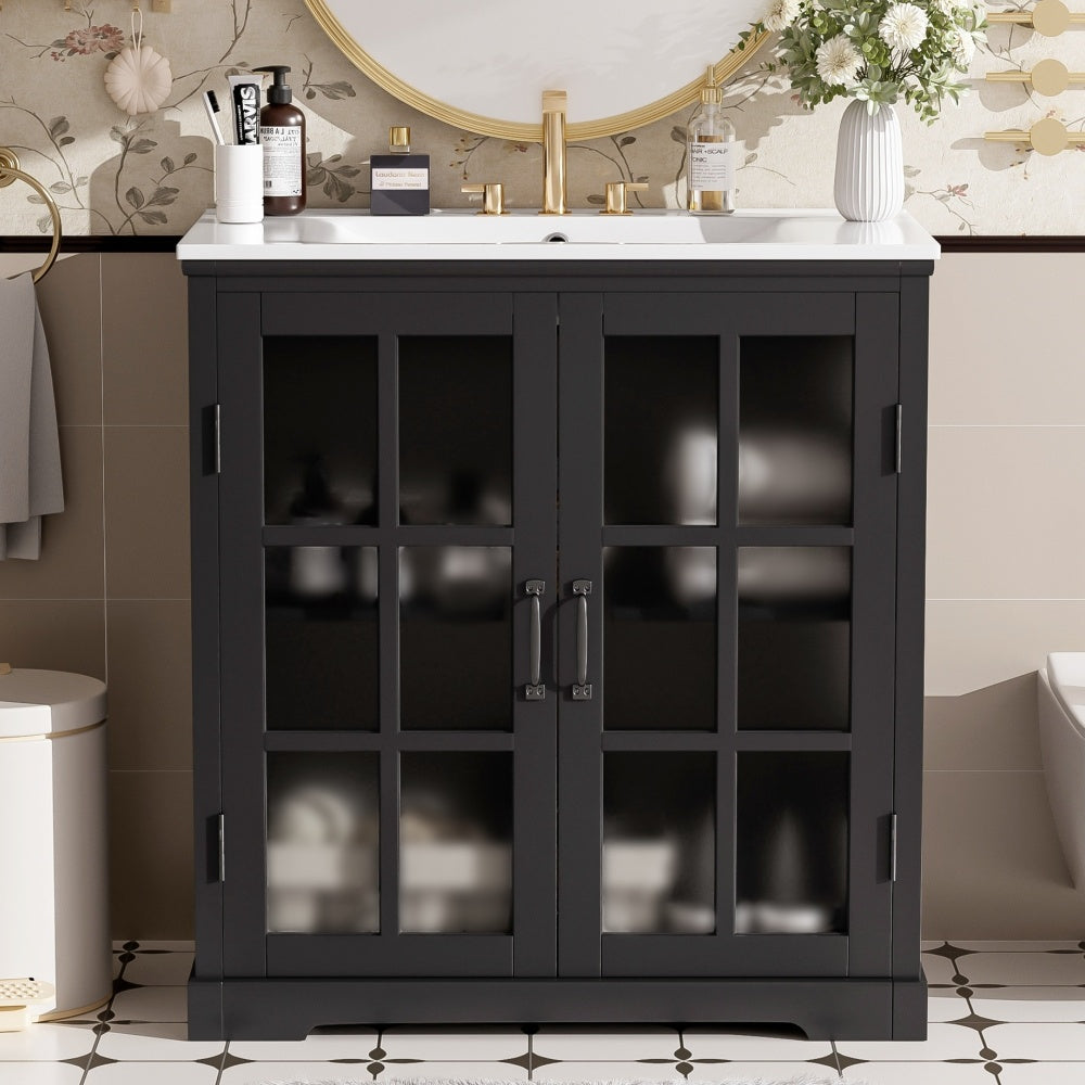 30" Modern Bathroom Vanity with Ceramic Sink, Bathroom Vanity Cabinet with Tempered Blurred Glass and Matte Black Handles, Equipped with Large Storage Space and Rubber Wood Frame, White