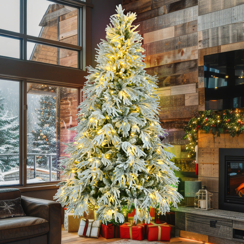 7.5FT Pre-Lit Spruce Snow Flocked Christmas Tree, Artificial Hinged Xmas Tree with 350 Multi-Color LED Lights, 8 Flashing Modes &1389 Snow Branch Tips, Holiday Office Home Décor