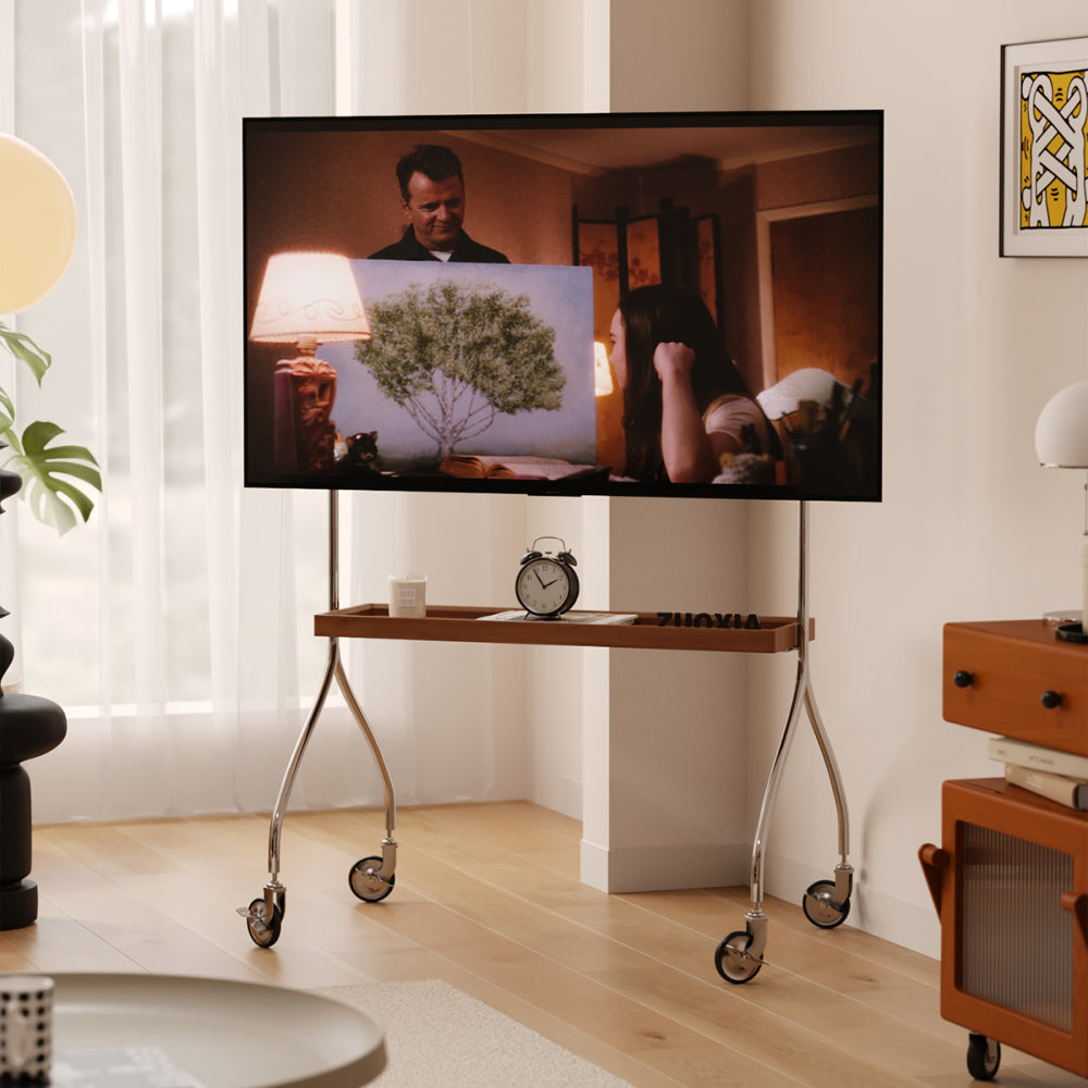 Walk around the TV stand with an antique, brown movable stand for a floor-standing display TV cabinet and projection TV stand