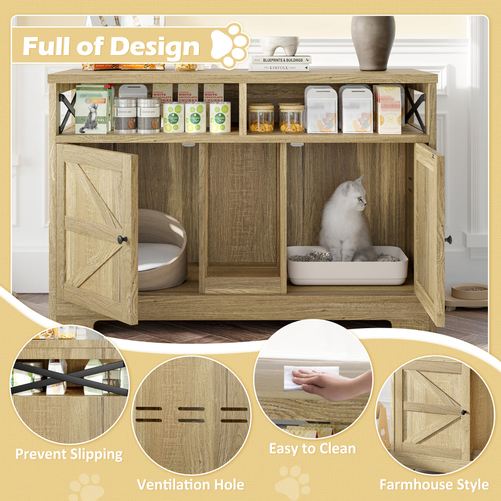 GO Cat Litter Box Enclosure for 2 Cats, Double Hidden Litter Box Furniture Cat Washroom, Farmhouse Indoor Cat House End Table, Brown