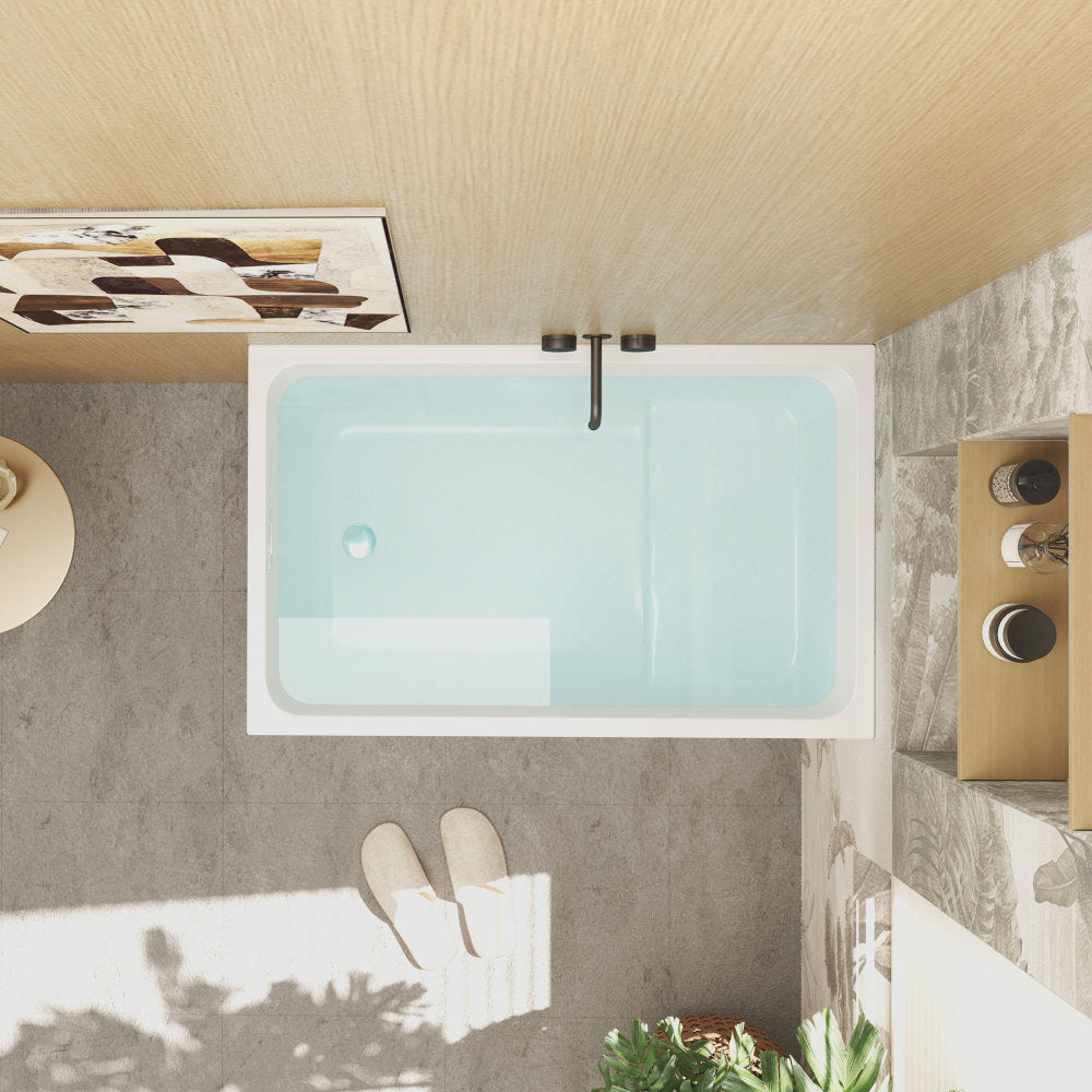 43" Acrylic Freestanding Bathtub with seat: Spacious rectangle Shape, Gloss White Finish, Chrome Overflow & Pop-Up Drain