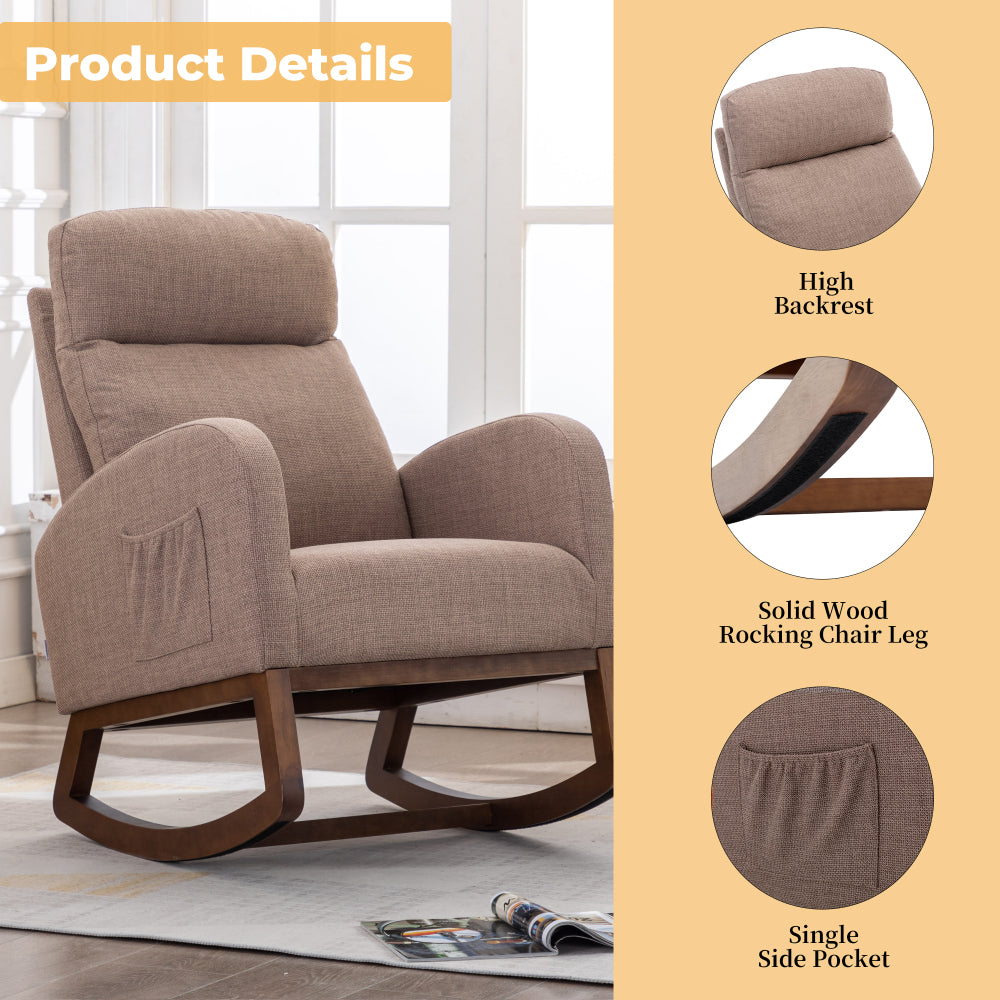 Rocking Chair, Modern Glider Chair, Recliner Armchair with Wood Legs and Side Pocket, Nursery Rocking Accent Chair with High Back for Living Room Bedroom (Camel linen)