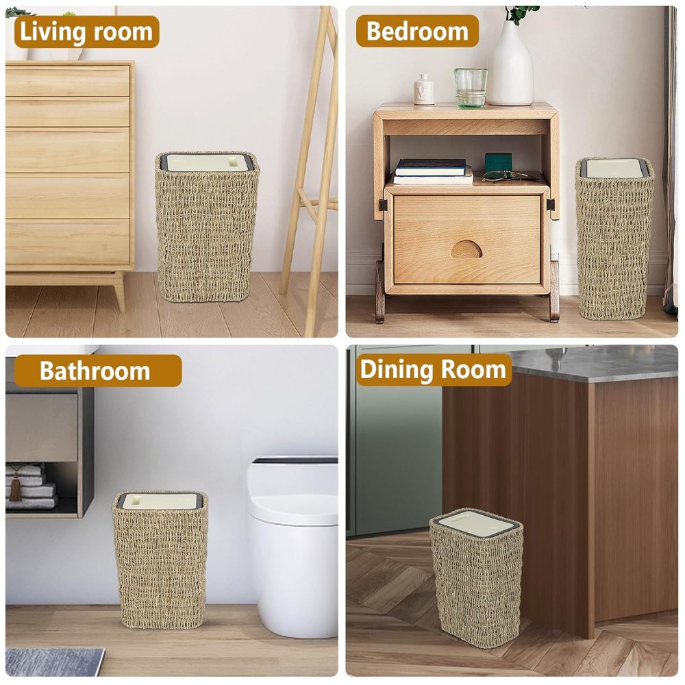 Boho Trash Can with Lid,2.6Gallon Small Rattan Trash Can with Press Top Lid,Slim Wicker Waste Basket and Hamper 2 in 1 for Bathroom,Seagrass Woven Garbage Can Trash Basket for Bathroom,Kitchen
