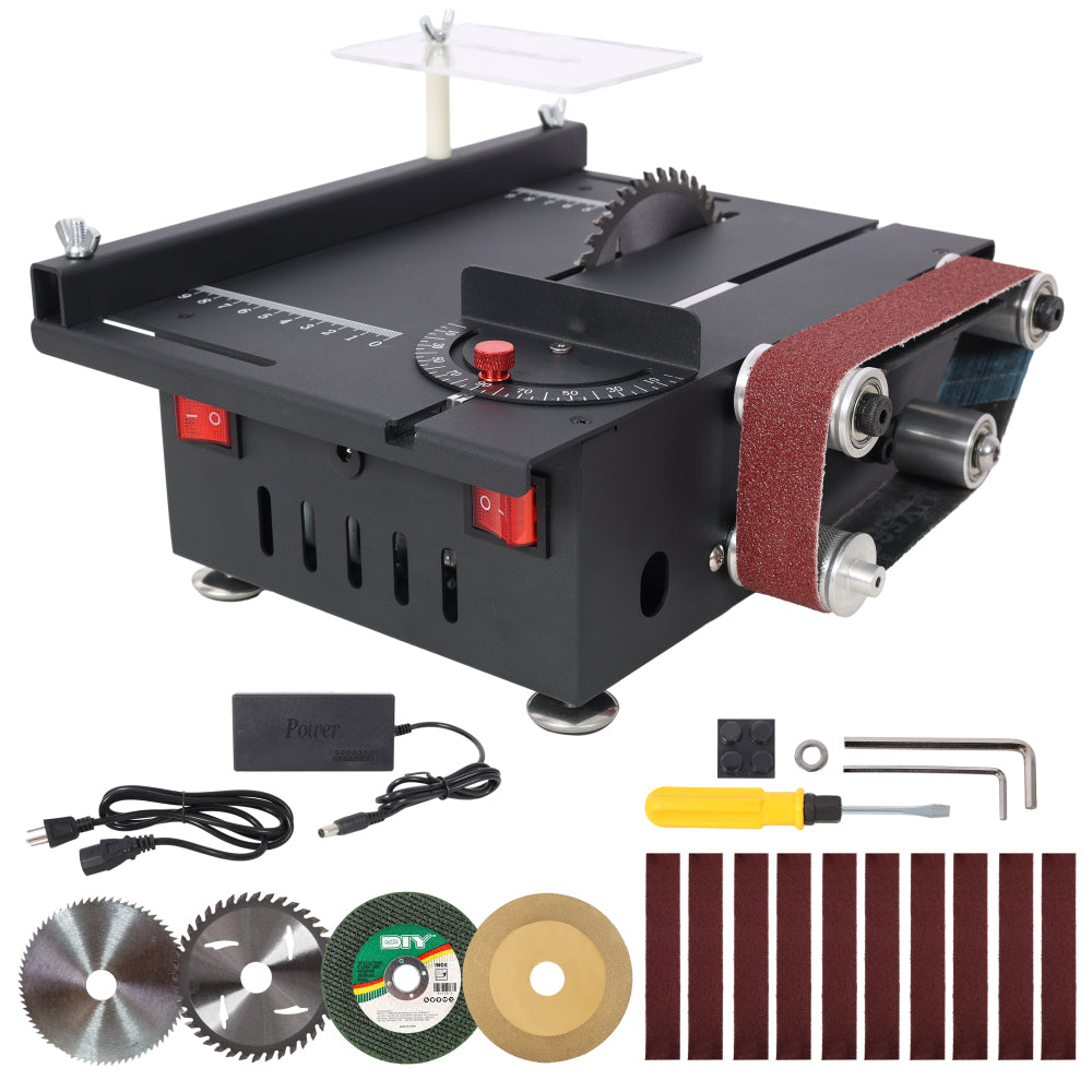 Mini Table Saw,Belt Sander, stainless steel top,4pcs Blades,10pcs Sanding Blet,7 Gear Adjustable 0-90° Angle, Available for Wood/PCB/Acrylic/Plastic,DIY Model Crafts Cutting Tool