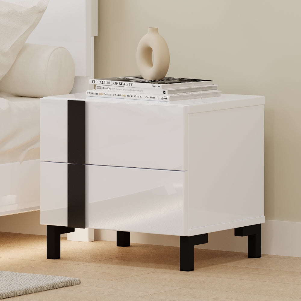 Modern High Gloss 3-Piece Bedroom Set Floating Bed Frame Queen Size Platform Bed with LED Light & 2 Nightstands, White