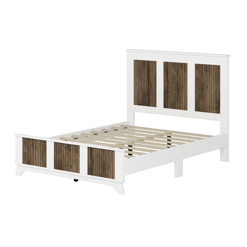 4-Pieces Bedroom Sets, Full Size Farmhouse Platform Bed with Wooden Strip Stickers Decoration, Storage Nightstand and Dresser with Metal Handle, White