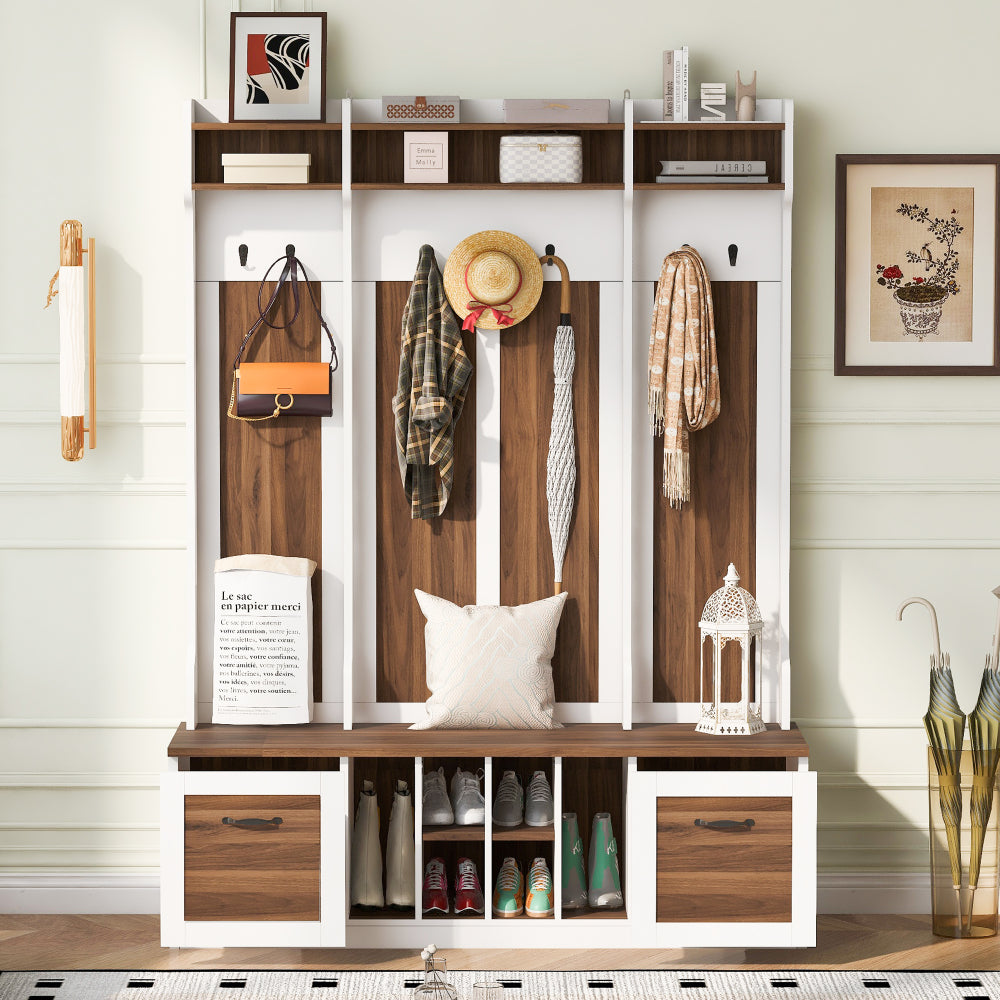 U-Can 5-in-1 Entryway Bench with Coat Rack, 7 Sturdy Hooks, 2 Spacious Drawers and Adjustable Shelves, 58.8'' Wide Hall Tree with Metal Handles for Hallway, Entryway, Living Room