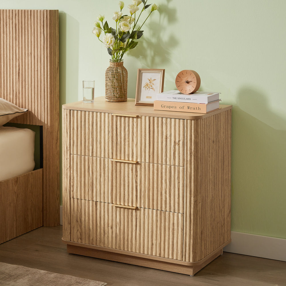 3 Drawers Drasser, 27.6'' Wide Modern Chest of Drawers Curved wave Design,Nightstand,Wood Drawer Organizer for Bedroom, Living Room, Hallway, Oak,27.6''W x 15.8''D x 27.4''H.
