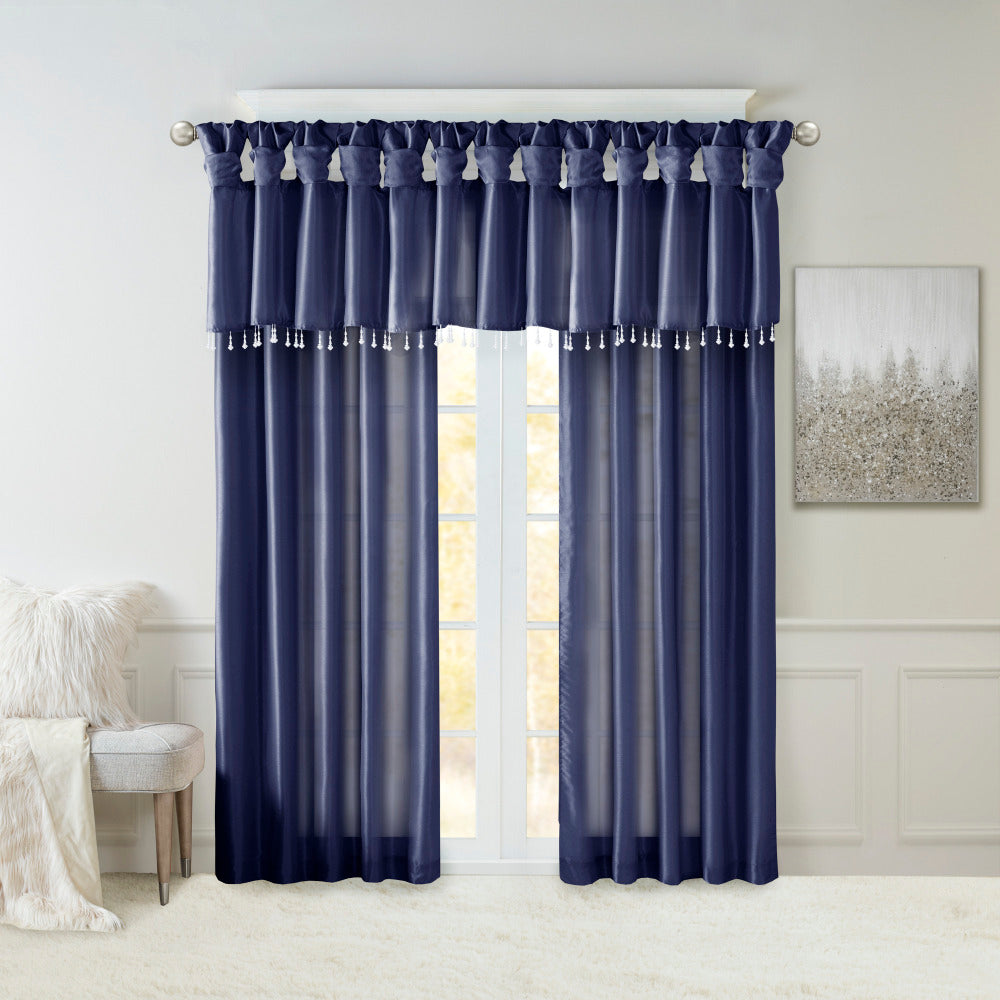 Lightweight Faux Silk Valance With Beads Navy 50x26"