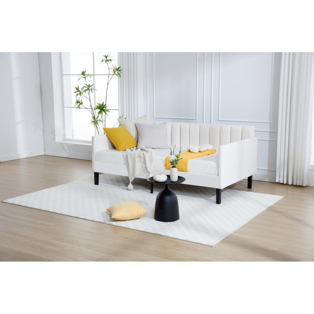 Elena Twin Size Beige Velvet Upholstered Daybed, Ribbed Tufted Backrest, Daybed in Lavish Modern Design, Richly Hued Foam Comfort