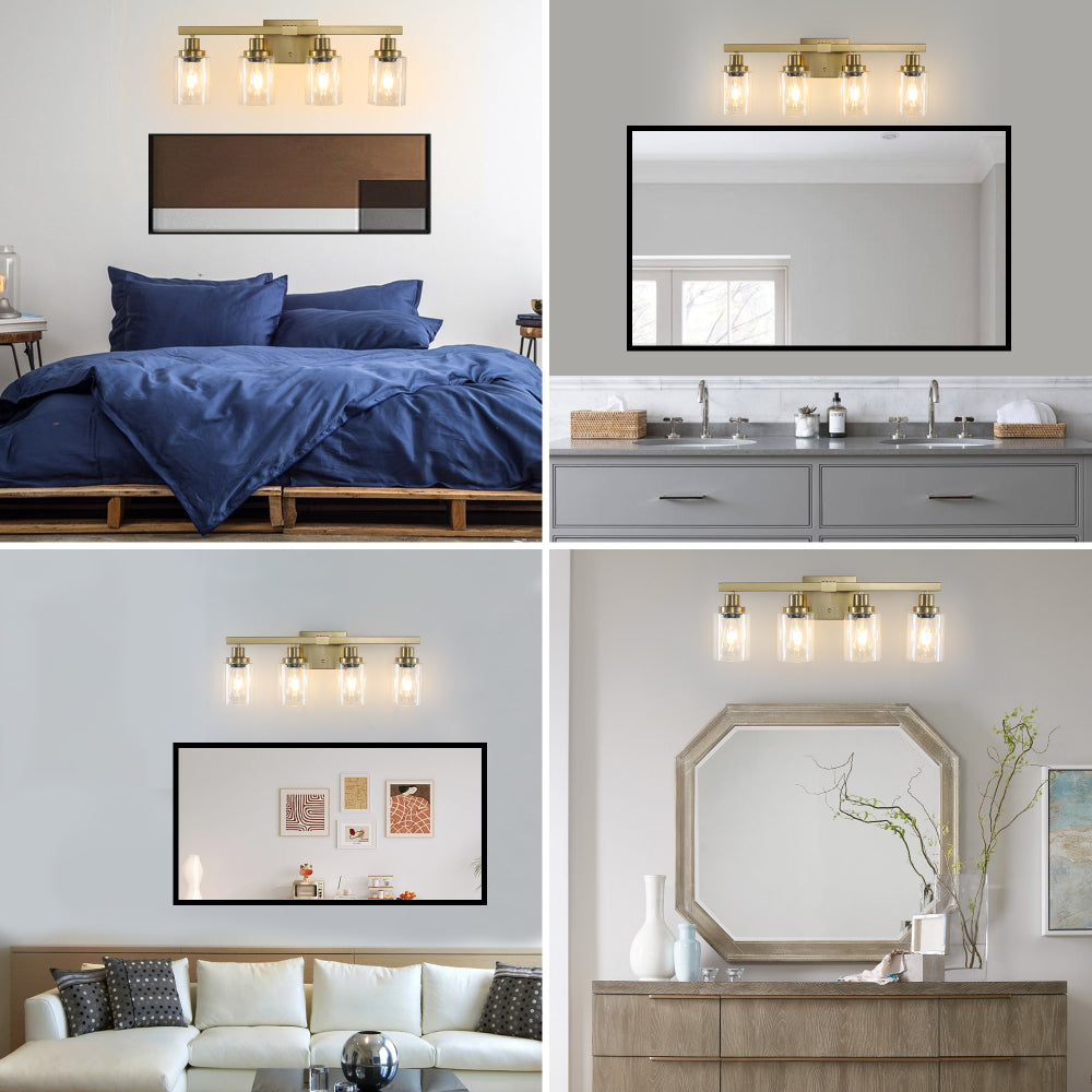 24" Golden 4-Light Vanity Light with Clear Glass Shades, Modern Iron Metal Bathroom Wall Fixture for Mirror, Ideal for Bathroom and Dressing Table (No Bulbs)