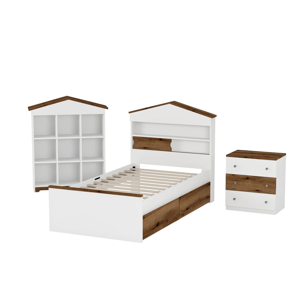 3-Pieces Bedroom Sets, Twin Size House-Shaped Wooden Bed with Storage Drawers, Nightstand with Colorblock Design and House-shaped Stroage Rack, Brown+White