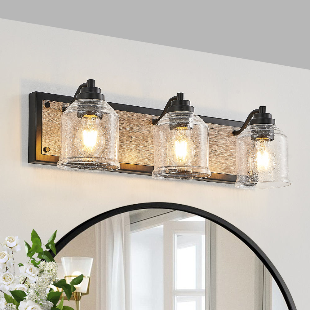 32" Farmhouse Vanity Light Fixture, 4-Light Bathroom Wall Sconce with Clear Seeded Glass Shades, Black and Wood Grain Finish, Modern Industrial Design for Bathroom or Powder Room (No Bulbs)
