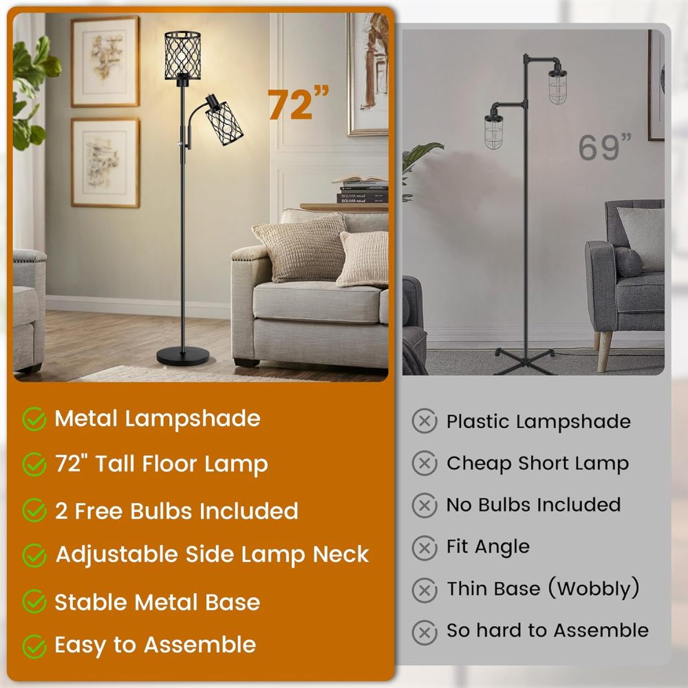 72" Farmhouse Floor Lamps for Living room, Black Floor Lamp with Adjustable Reading Lamp, 2-Light Tall Standing Lamps with 2 Edison Bulbs, Industrial Floor Lamps for Bedroom, Office, 6W, Black