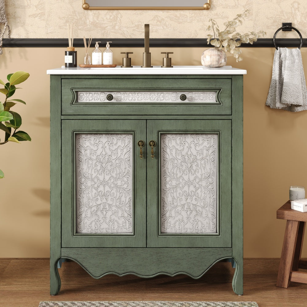30" Modern Bathroom Vanity with Ceramic Sink, Bathroom Vanity Cabinet with Tempered Blurred Glass and Matte Black Handles, Equipped with Large Storage Space and Rubber Wood Frame, White