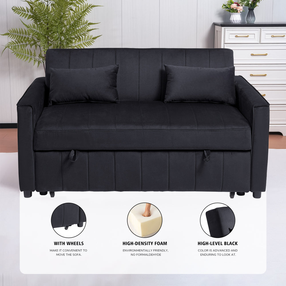 Sleeper Sofa Bed, 3-in-1 Velvet Pull Out Couch with Armrests, Storage Pockets and 2 Pillows, Adjustable Backrest, Sofa Bed Couch for Living Room, Bedroom(Black)