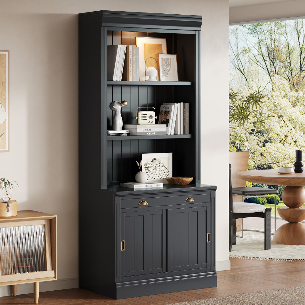 83.4"Tall Bookshelf with Writing Desk, Modern Bookcase with Study Desk, Workstation with Storage Shelf,Storage Bookcase with Open Shelves and LED Lighting for Living Room,Home Office,White
