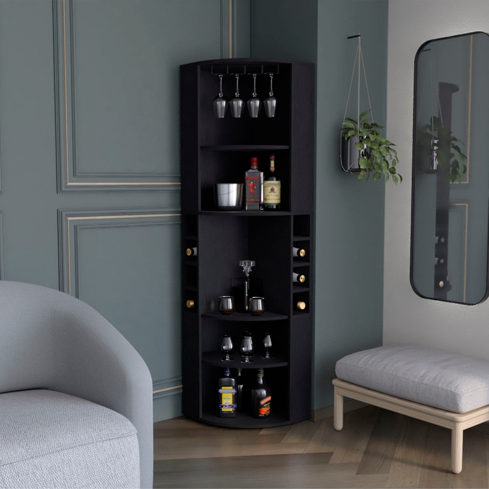 Oban Corner Bar Cabinet with Five Shelves , Eight Bottle Cubbies and Steamware Macadamia