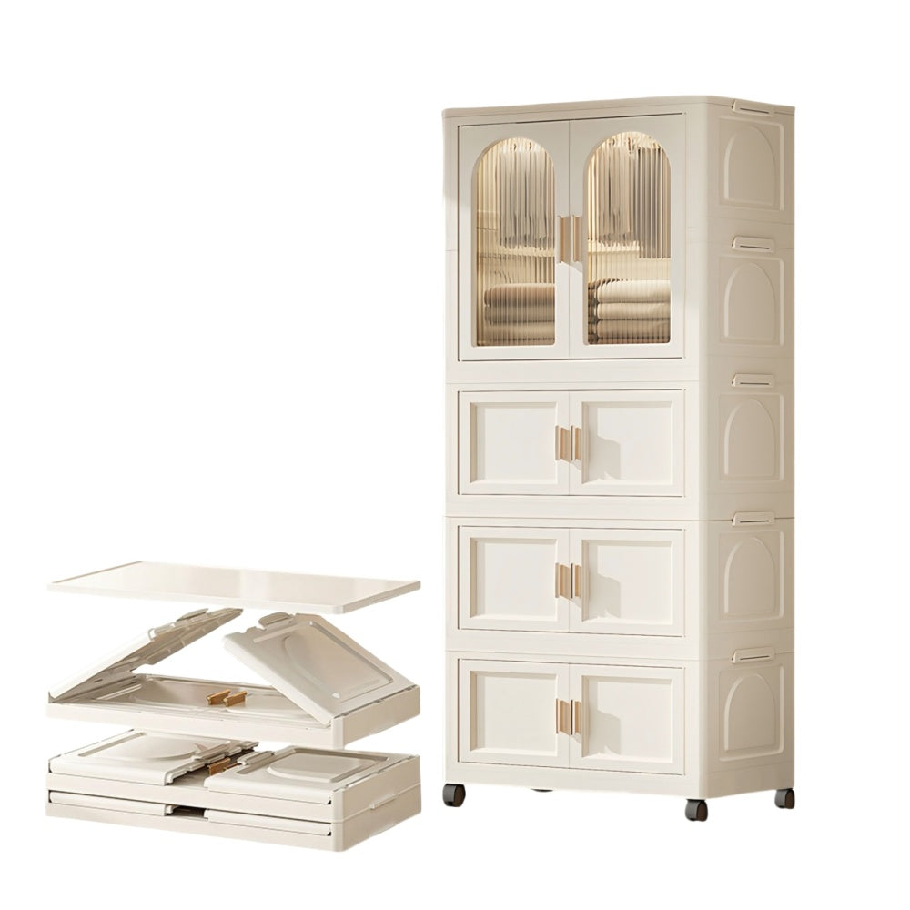 25.59" Side Wide Folding Wardrobe , 25.59"×15.75"×57.09", with Magnetic Door, Plastic Storage Cabinet with Wheels( one layer of wardrobe + two layers of folding boxes+10 hangers )
