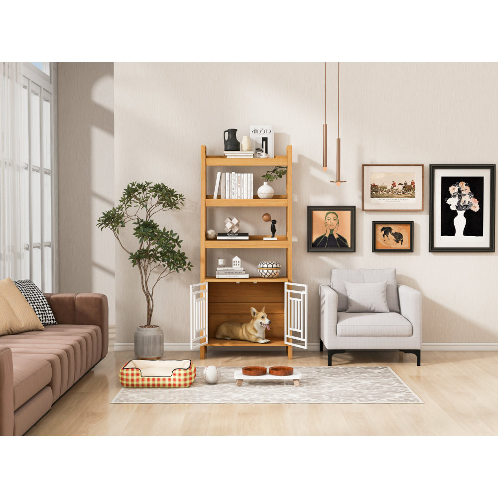 Modern 2 IN 1 Dog Furniture Dog Crate Ladder Bookshelf, Tall Wood Display Shelf with Storage, Dog Kennel Bookcase