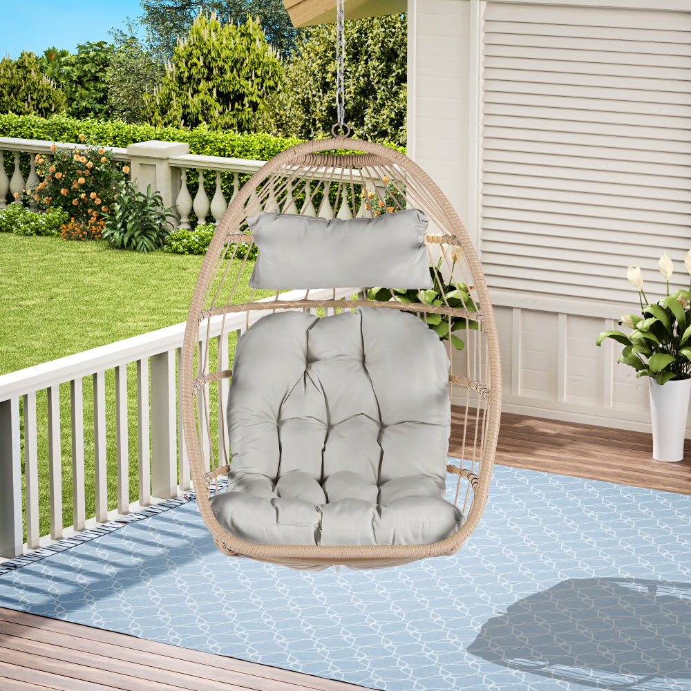 Outdoor Garden Rattan Egg Swing Chair Hanging Chair Wood+Khaki