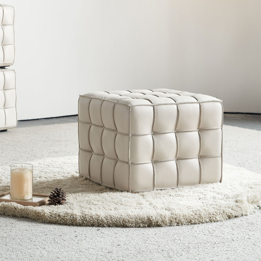 17.32''W Genuine Leather Tufted Ottoman,Footstool for Living Room & Bedroom,Black Color