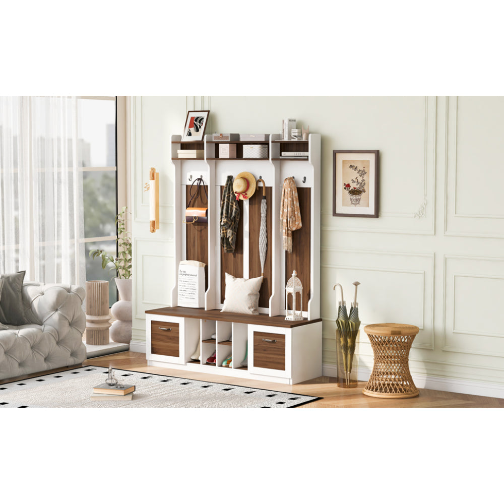 U-Can 5-in-1 Entryway Bench with Coat Rack, 7 Sturdy Hooks, 2 Spacious Drawers and Adjustable Shelves, 58.8'' Wide Hall Tree with Metal Handles for Hallway, Entryway, Living Room