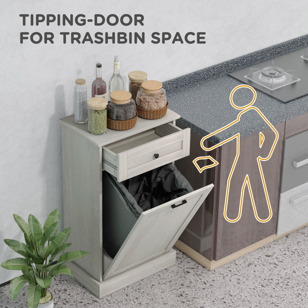HOMCOM Kitchen Tilt Out Trash Bin Cabinet Free Standing Recycling Cabinet Trash Can Holder With Drawer, Light Gray