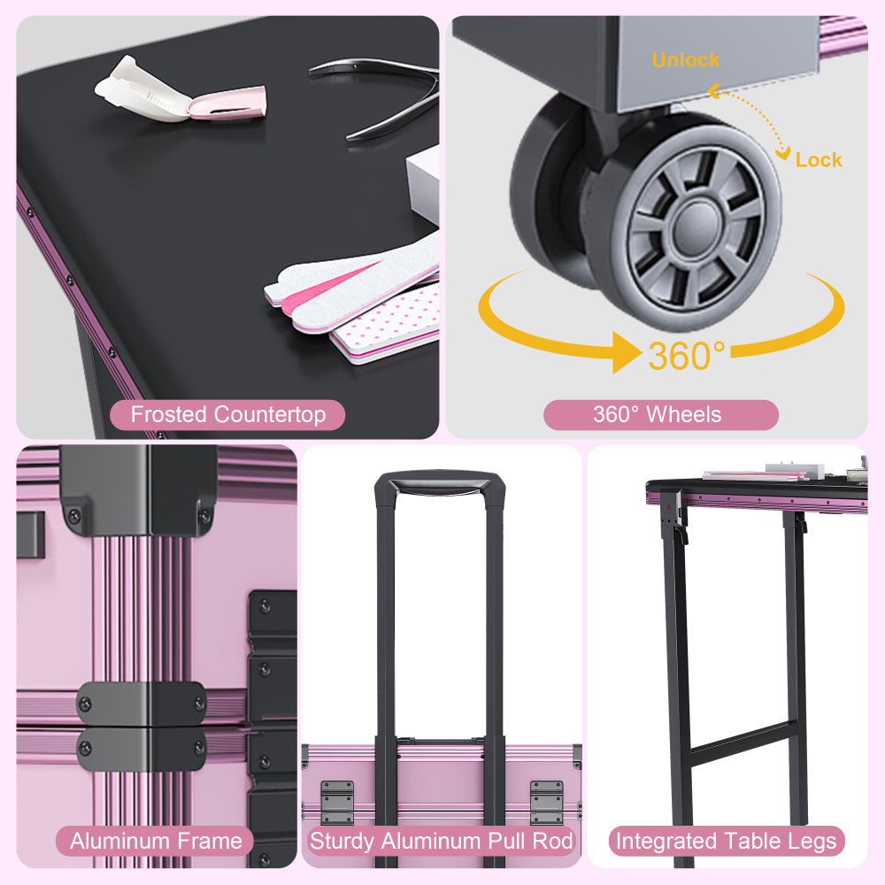 Portable Nail Art Table w/ LED Mirror, Bluetooth, Lockable Drawers, Telescopic Pole - Folding Manicure Station for Salons (Pink)