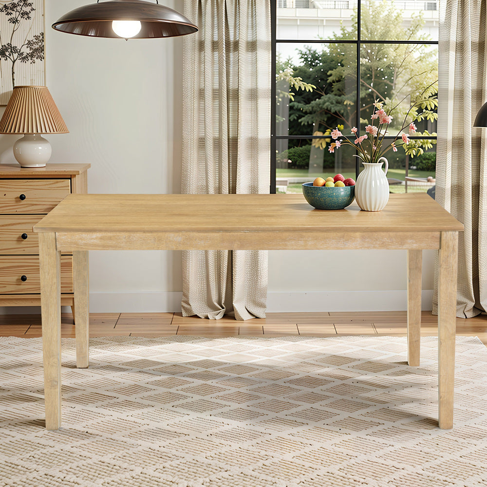 Farmhouse Style Solid Wood Dining Table, 60 Inch Length, Rubberwood Legs with Adjustable Glides, MDF + Rubberwood Veneer Top, Perfect for Dining Room, Kitchen, Living Room, Sturdy and Durable.