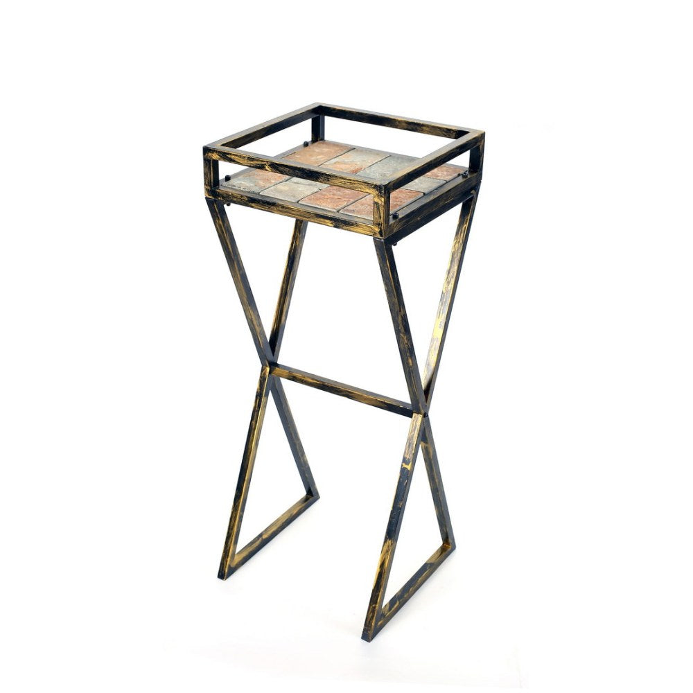 35.5" Gray Stone Slab Black / Gold Metal Plant Stand