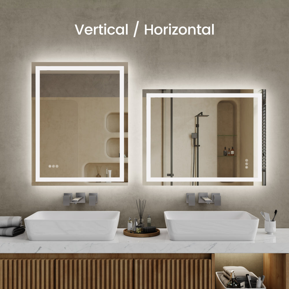 20"*28"LED Bathroom Mirror,Front-Lit and Back-Lit, Stepless Dimmable, 3 Colors CRI90+, Brightness Memory, Shatter-Proof,Anti-fog LED Vanity Mirror, IP44 Waterproof