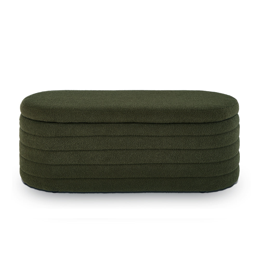 Modern Oval Storage Ottoman Bench, Upholstered Boucle Teddy Fabric End of Bed Bench with Storage, End of Bed Stool with Safety Hinge for Bedroom, Living Room, Entryway, Dark Green