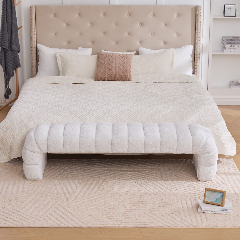69.7"Wide Modern Upholstered Armless Bed Bench, Channel Tufted Couch Daybed Chaise, Chenille Ottoman Foot Stool for Living Room and Bedroom, Entryway, Ivory
