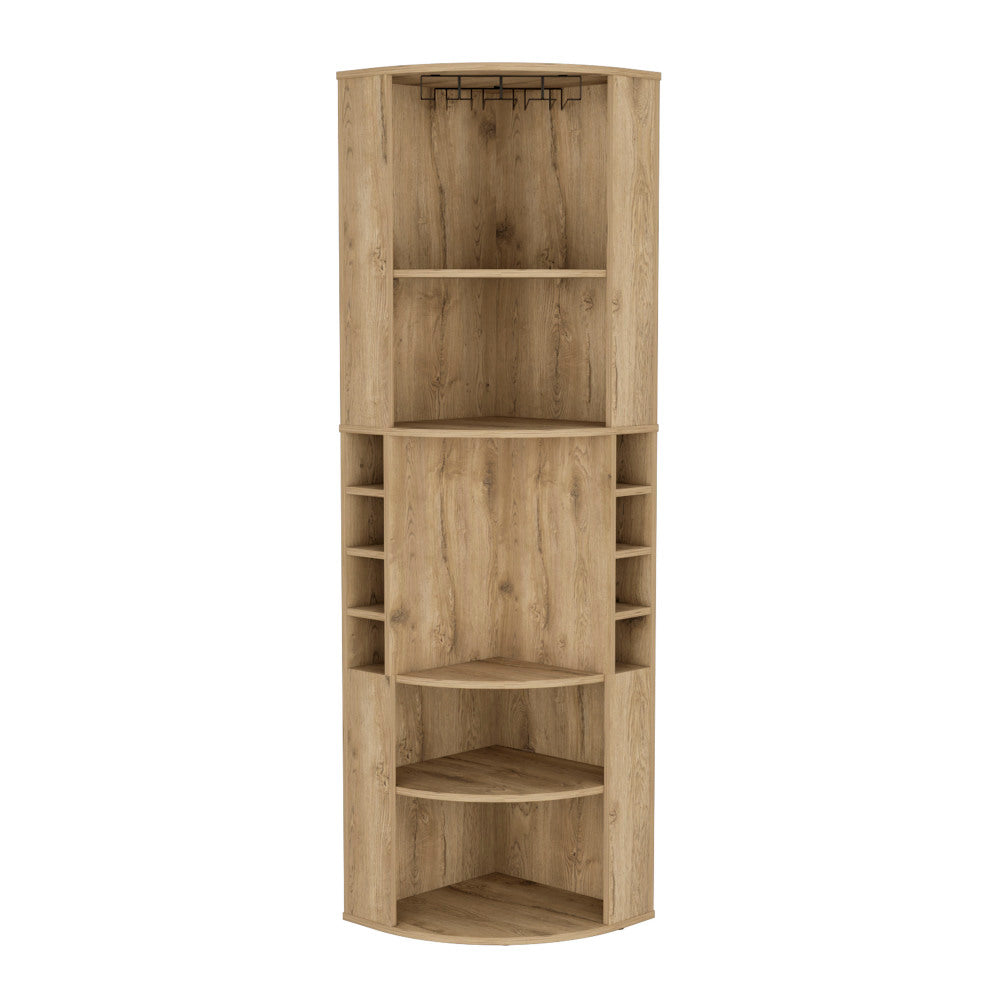 Oban Corner Bar Cabinet with Five Shelves , Eight Bottle Cubbies and Steamware Macadamia