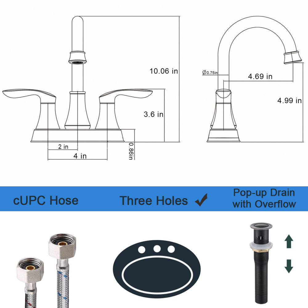 2-Handle 4-Inch Oil Rubbed Bronze Bathroom Faucet, Bathroom Vanity Sink Faucets with Pop-up Drain and Supply Hoses