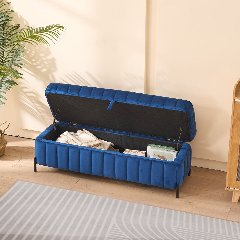 49.21" Wide Upholstered Velvet Storage Soft Bench Footstool Ottoman End of Bed with Metal Legs, Foot Rest for Living Room, Entryway and Bedroom. Navy