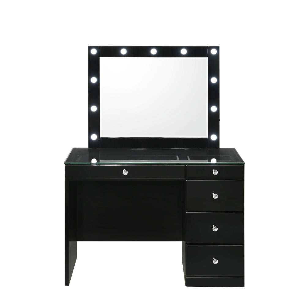 3pc Black Makeup Vanity Set Lighted Mirror Glass Top 5 Drawers Crystal Knobs Round Stool Wooden Bedroom Furniture Black