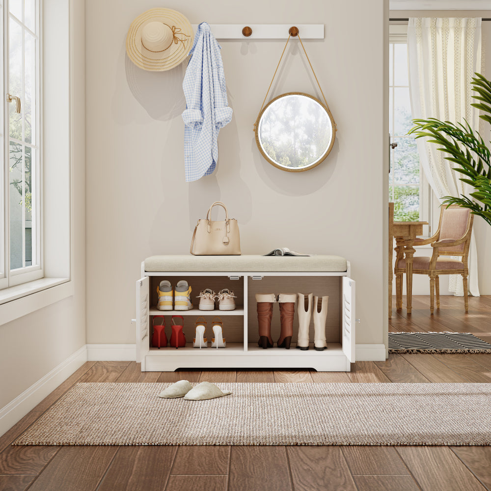 28.74"Shoe Storage Bench with 2 Door Cabinet, Entryway Bench with White Shoe Storage, Shoe Bench with Cushion, Adjustable Shelves, Shoe Rack Bench for Entryway, Hallway