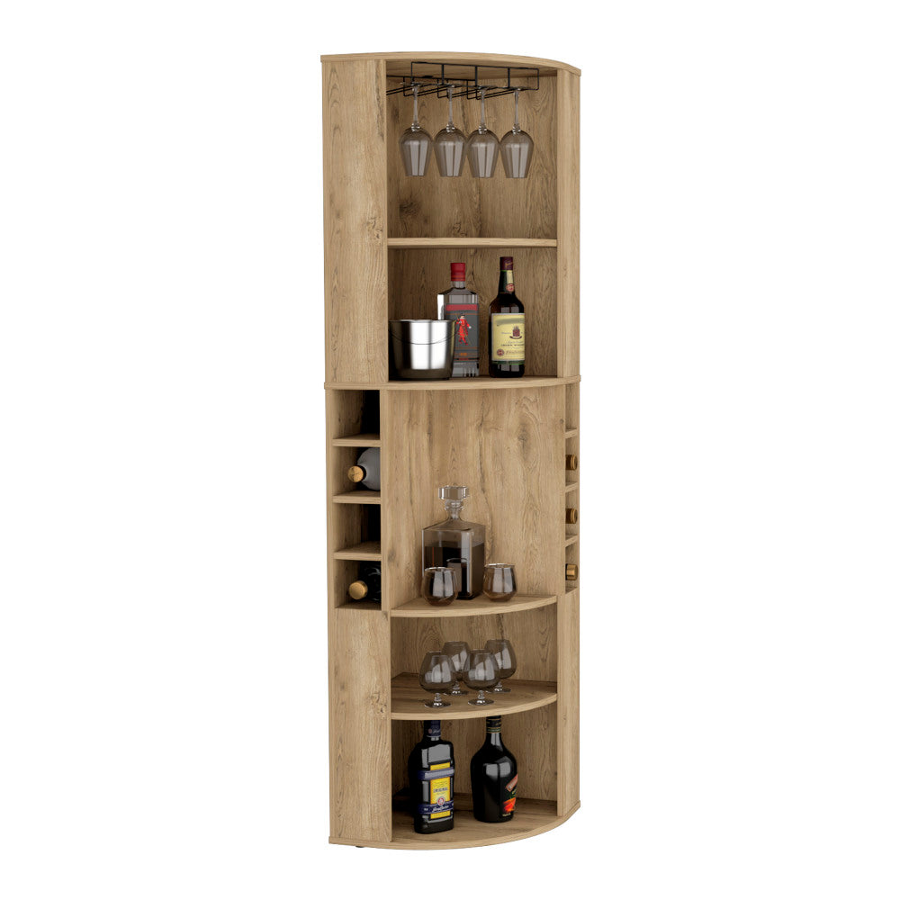 Oban Corner Bar Cabinet with Five Shelves , Eight Bottle Cubbies and Steamware Macadamia