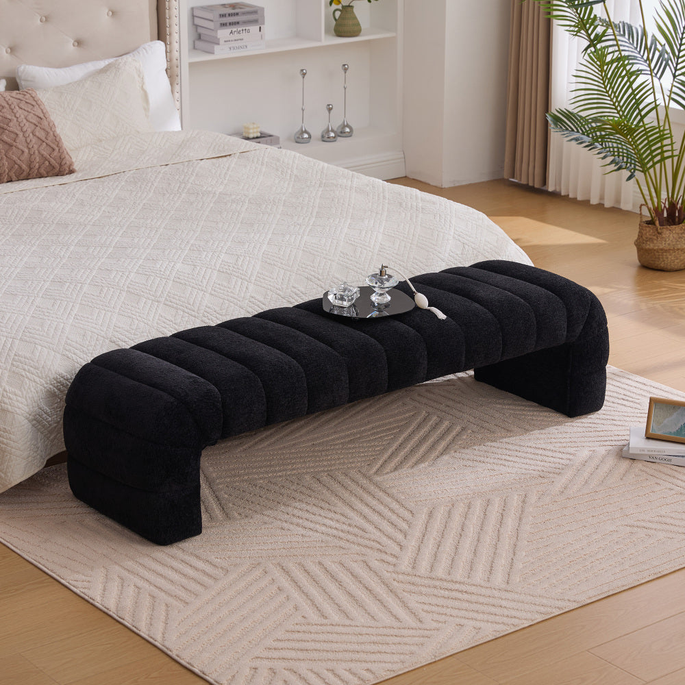 69.7"Wide Modern Upholstered Armless Bed Bench, Channel Tufted Couch Daybed Chaise, Chenille Ottoman Foot Stool for Living Room and Bedroom, Entryway, Ivory