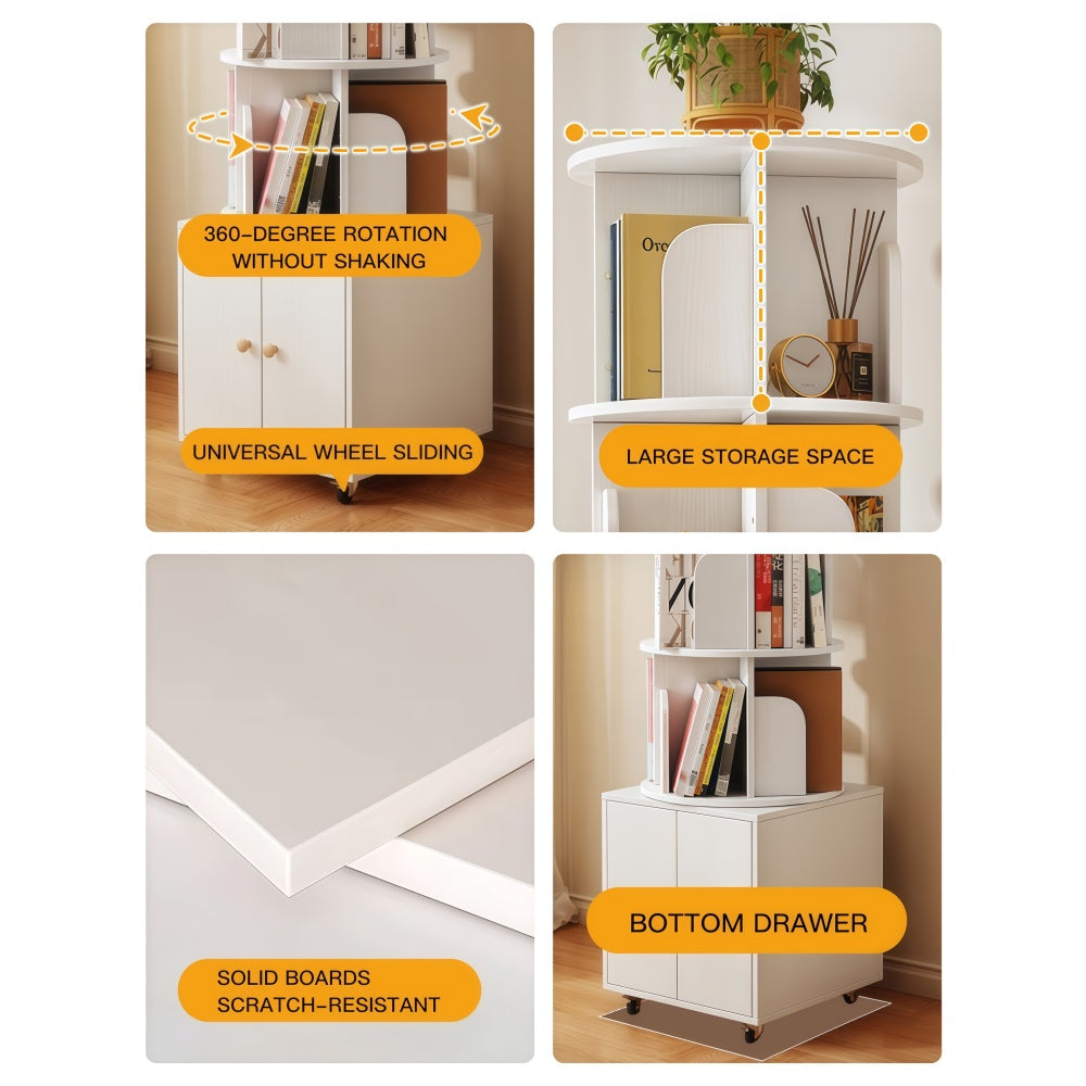 Rotating Bookshelf, 360 Degree Display 5 Tier Corner Bookshelf with Drawer for Small Space, Floor Standing Bookcase Storage Rack, Wood Narrow Book Shelf Organizer for Bedroom, Living Room (WHITE)