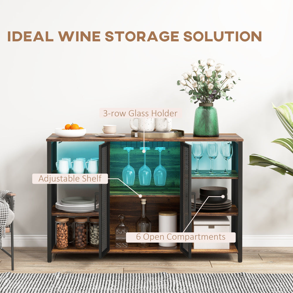 HOMCOM LED Wine Cabinet with Charging Station Glass Holders, Rustic Brown